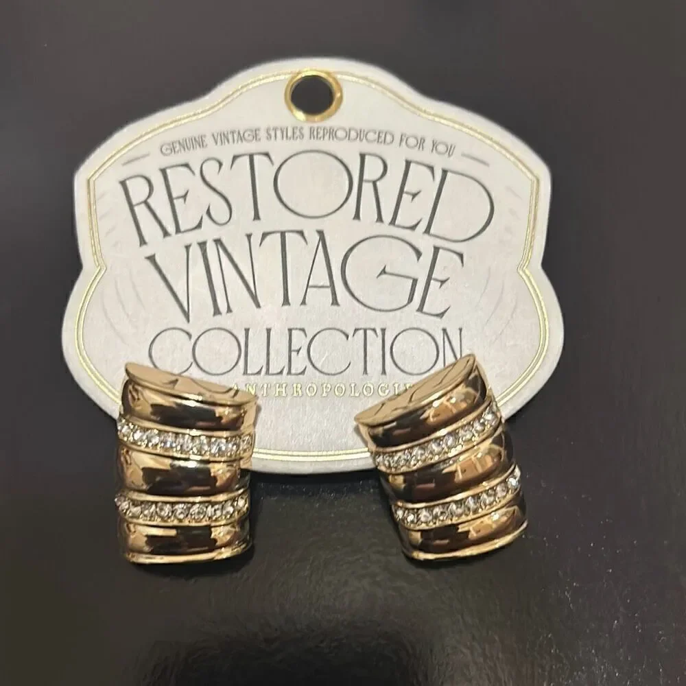 Anthropologie Restored Vintage Crystal Encrusted Curved Earrings 14K Gold Plate